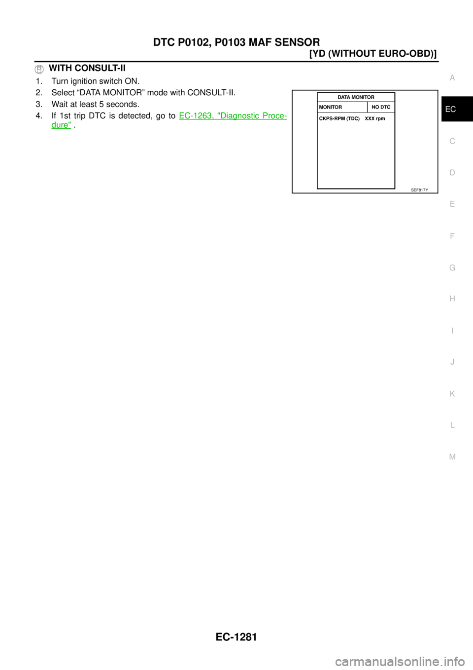NISSAN X-TRAIL 2003  Service Repair Manual DTC P0102, P0103 MAF SENSOR
EC-1281
[YD (WITHOUT EURO-OBD)]
C
D
E
F
G
H
I
J
K
L
MA
EC
 
 WITH CONSULT-II
1. Turn ignition switch ON.
2. Select “DATA MONITOR” mode with CONSULT-II.
3. Wait at least