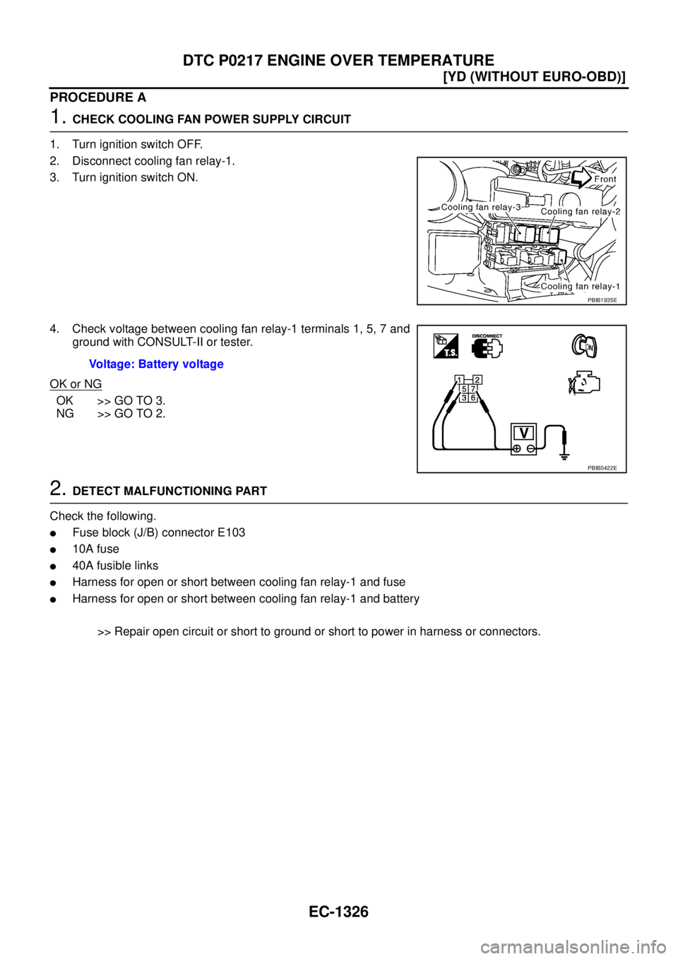 NISSAN X-TRAIL 2003  Service Repair Manual EC-1326
[YD (WITHOUT EURO-OBD)]
DTC P0217 ENGINE OVER TEMPERATURE
 
PROCEDURE A
1. CHECK COOLING FAN POWER SUPPLY CIRCUIT
1. Turn ignition switch OFF.
2. Disconnect cooling fan relay-1.
3. Turn igniti