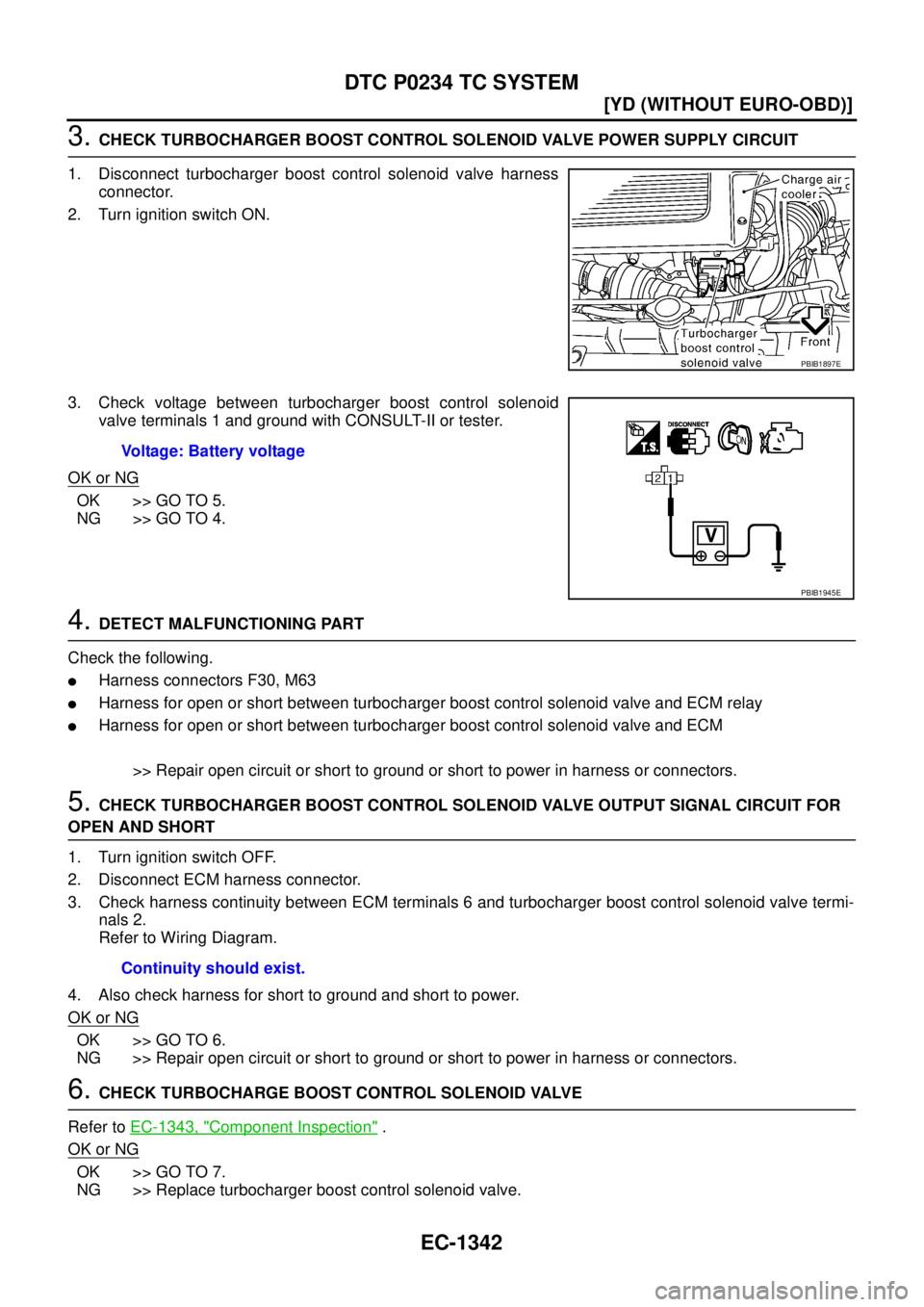 NISSAN X-TRAIL 2003  Service Repair Manual EC-1342
[YD (WITHOUT EURO-OBD)]
DTC P0234 TC SYSTEM
 
3. CHECK TURBOCHARGER BOOST CONTROL SOLENOID VALVE POWER SUPPLY CIRCUIT
1. Disconnect turbocharger boost control solenoid valve harness
connector.