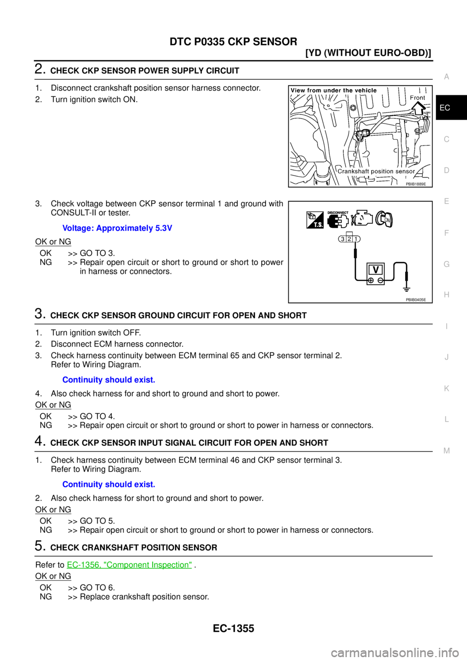 NISSAN X-TRAIL 2003  Service Repair Manual DTC P0335 CKP SENSOR
EC-1355
[YD (WITHOUT EURO-OBD)]
C
D
E
F
G
H
I
J
K
L
MA
EC
 
2. CHECK CKP SENSOR POWER SUPPLY CIRCUIT
1. Disconnect crankshaft position sensor harness connector.
2. Turn ignition s