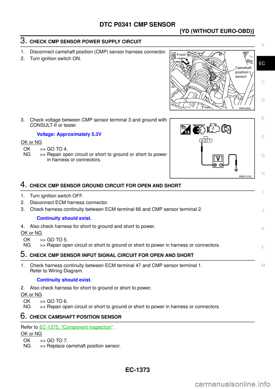 NISSAN X-TRAIL 2003  Service Repair Manual DTC P0341 CMP SENSOR
EC-1373
[YD (WITHOUT EURO-OBD)]
C
D
E
F
G
H
I
J
K
L
MA
EC
 
3. CHECK CMP SENSOR POWER SUPPLY CIRCUIT
1. Disconnect camshaft position (CMP) sensor harness connector.
2. Turn igniti
