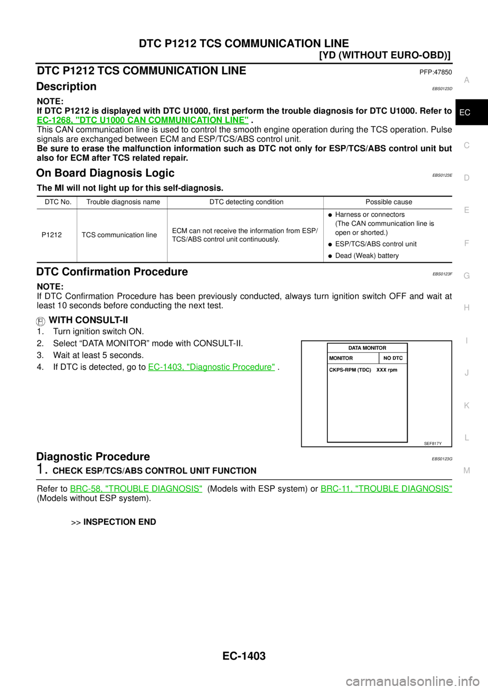 NISSAN X-TRAIL 2003  Service Repair Manual DTC P1212 TCS COMMUNICATION LINE
EC-1403
[YD (WITHOUT EURO-OBD)]
C
D
E
F
G
H
I
J
K
L
MA
EC
 
DTC P1212 TCS COMMUNICATION LINEPFP:47850
DescriptionEBS0123D
NOTE:
If DTC P1212 is displayed with DTC U100