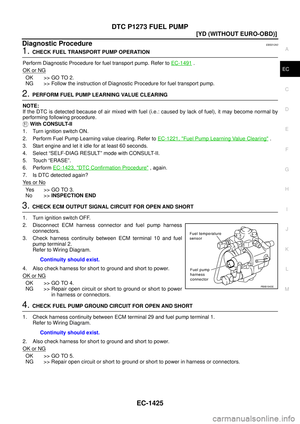 NISSAN X-TRAIL 2003  Service Repair Manual DTC P1273 FUEL PUMP
EC-1425
[YD (WITHOUT EURO-OBD)]
C
D
E
F
G
H
I
J
K
L
MA
EC
 
Diagnostic ProcedureEBS01243
1. CHECK FUEL TRANSPORT PUMP OPERATION
Perform Diagnostic Procedure for fuel transport pump
