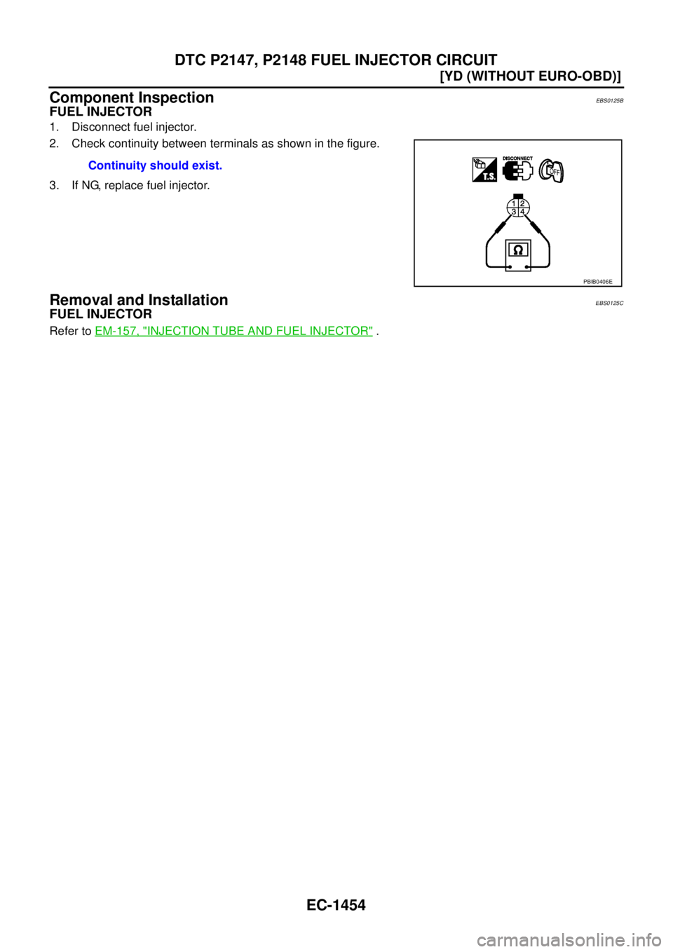 NISSAN X-TRAIL 2003  Service Repair Manual EC-1454
[YD (WITHOUT EURO-OBD)]
DTC P2147, P2148 FUEL INJECTOR CIRCUIT
 
Component InspectionEBS0125B
FUEL INJECTOR
1. Disconnect fuel injector.
2. Check continuity between terminals as shown in the f