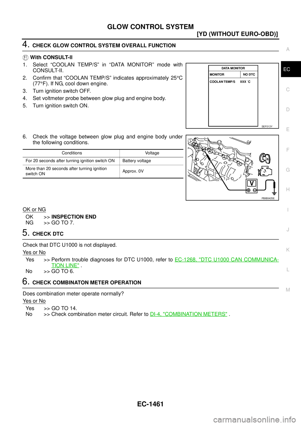NISSAN X-TRAIL 2003  Service Repair Manual GLOW CONTROL SYSTEM
EC-1461
[YD (WITHOUT EURO-OBD)]
C
D
E
F
G
H
I
J
K
L
MA
EC
 
4. CHECK GLOW CONTROL SYSTEM OVERALL FUNCTION
 With CONSULT-ll
1. Select “COOLAN TEMP/S” in “DATA MONITOR” mode 