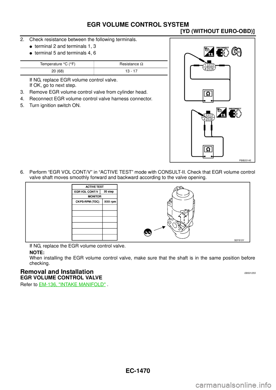 NISSAN X-TRAIL 2003  Service Repair Manual EC-1470
[YD (WITHOUT EURO-OBD)]
EGR VOLUME CONTROL SYSTEM
 
2. Check resistance between the following terminals. 
terminal 2 and terminals 1, 3
terminal 5 and terminals 4, 6
If NG, replace EGR volum