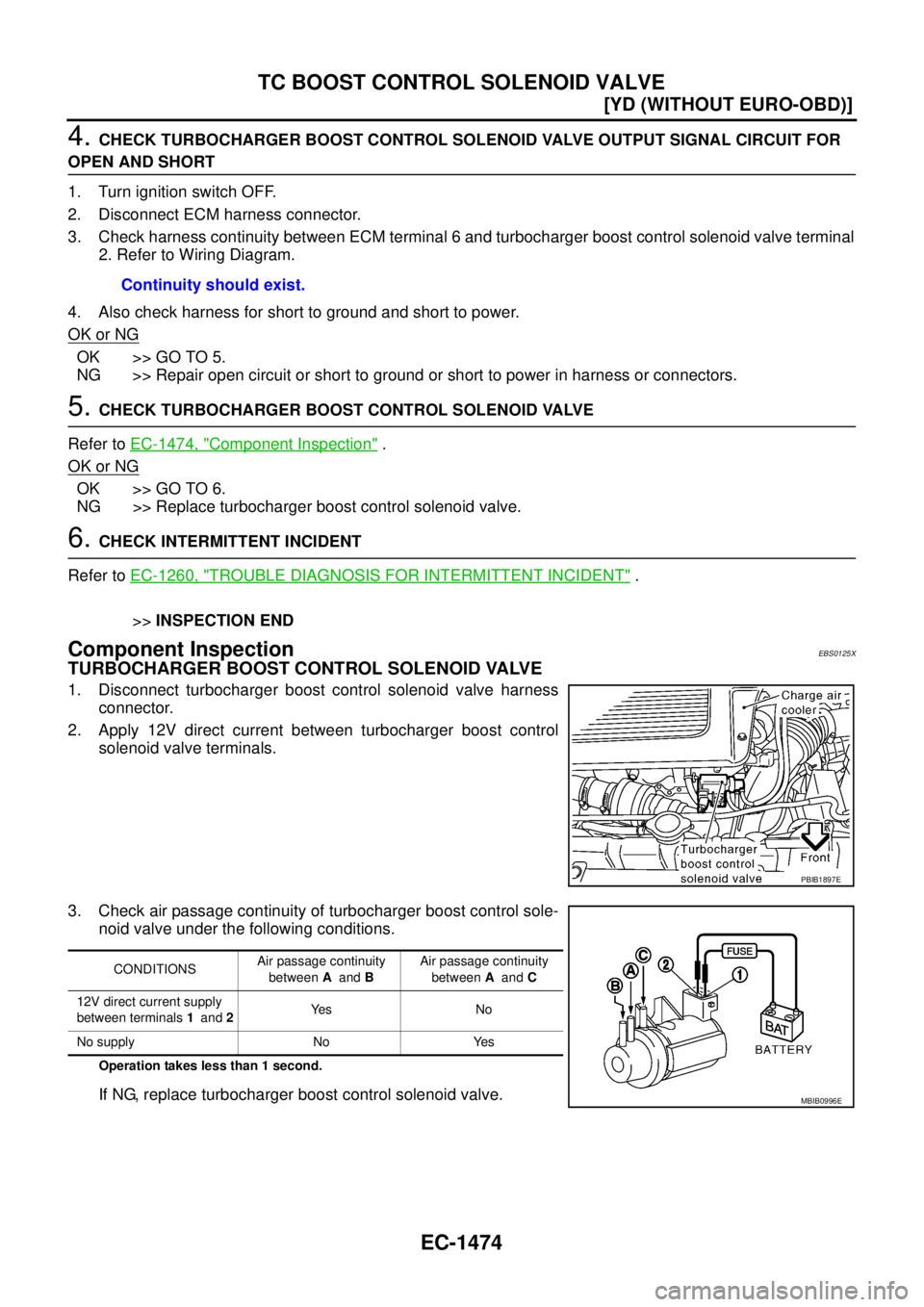 NISSAN X-TRAIL 2003  Service Repair Manual EC-1474
[YD (WITHOUT EURO-OBD)]
TC BOOST CONTROL SOLENOID VALVE
 
4. CHECK TURBOCHARGER BOOST CONTROL SOLENOID VALVE OUTPUT SIGNAL CIRCUIT FOR 
OPEN AND SHORT
1. Turn ignition switch OFF.
2. Disconnec