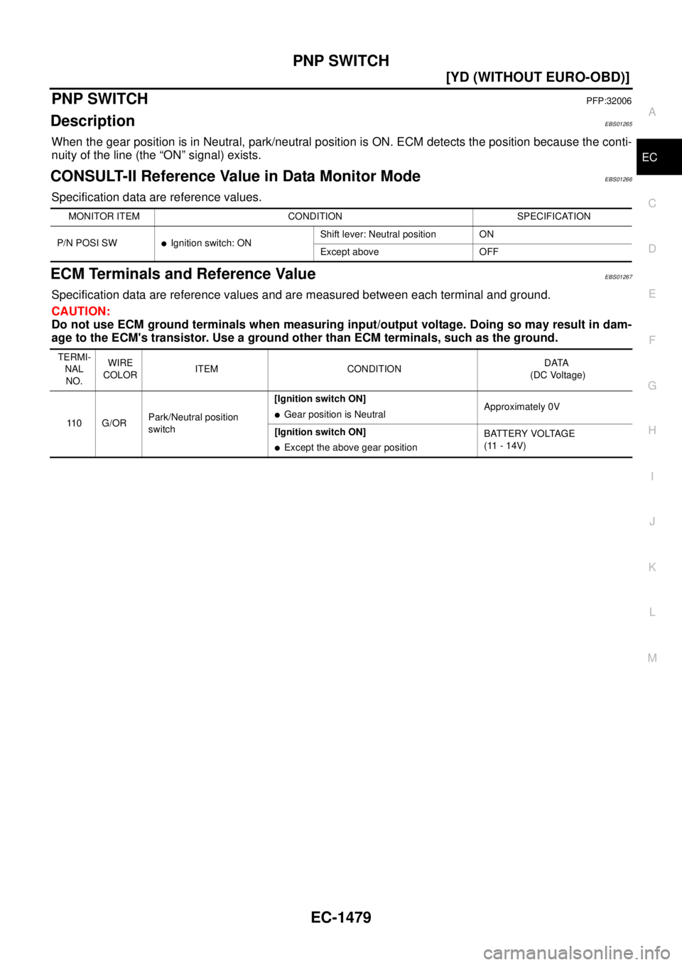 NISSAN X-TRAIL 2003  Service Repair Manual PNP SWITCH
EC-1479
[YD (WITHOUT EURO-OBD)]
C
D
E
F
G
H
I
J
K
L
MA
EC
 
PNP SWITCHPFP:32006
DescriptionEBS01265
When the gear position is in Neutral, park/neutral position is ON. ECM detects the positi