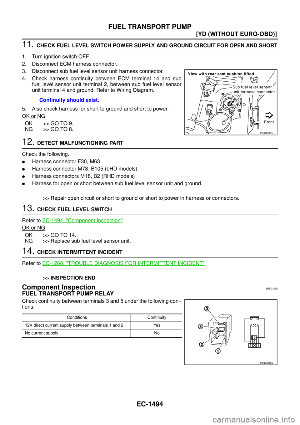 NISSAN X-TRAIL 2003  Service Repair Manual EC-1494
[YD (WITHOUT EURO-OBD)]
FUEL TRANSPORT PUMP
 
11 .  CHECK FUEL LEVEL SWITCH POWER SUPPLY AND GROUND CIRCUIT FOR OPEN AND SHORT
1. Turn ignition switch OFF.
2. Disconnect ECM harness connector.