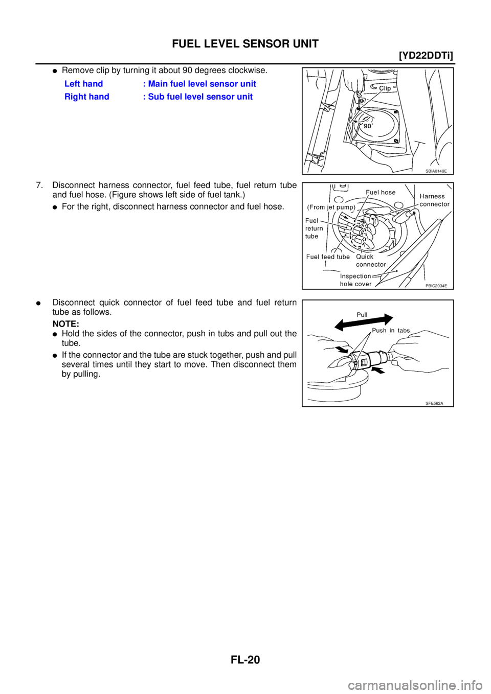 NISSAN X-TRAIL 2003  Service Repair Manual FL-20
[YD22DDTi]
FUEL LEVEL SENSOR UNIT
 
Remove clip by turning it about 90 degrees clockwise.
7. Disconnect harness connector, fuel feed tube, fuel return tube
and fuel hose. (Figure shows left sid