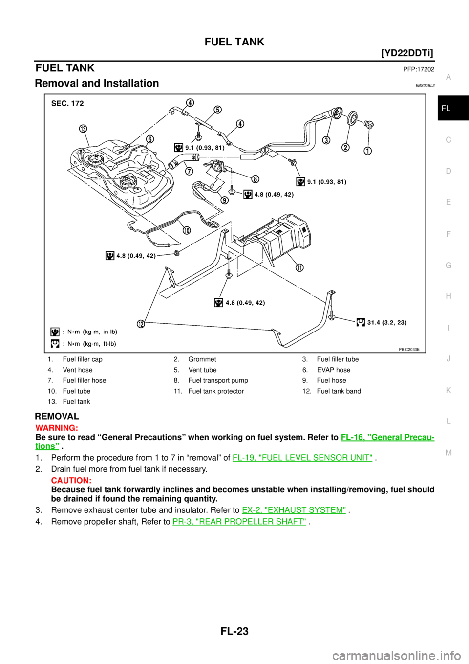 NISSAN X-TRAIL 2003  Service Repair Manual FUEL TANK
FL-23
[YD22DDTi]
C
D
E
F
G
H
I
J
K
L
MA
FL
 
FUEL TANKPFP:17202
Removal and InstallationEBS00BL3
REMOVAL
WARNING:
Be sure to read “General Precautions” when working on fuel system. Refer