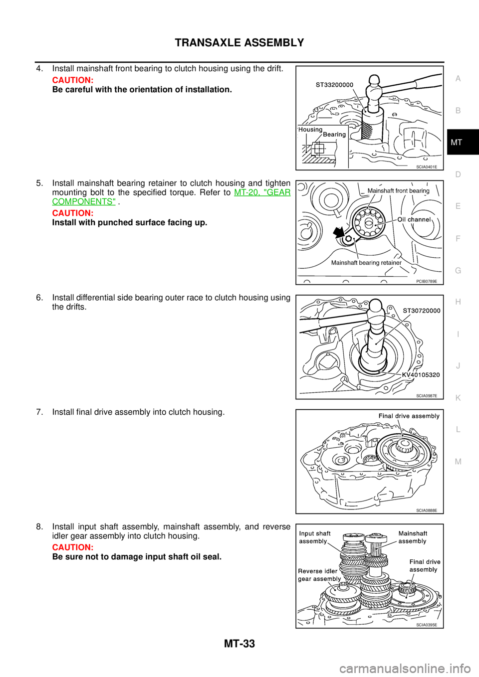 NISSAN X-TRAIL 2003  Service Repair Manual TRANSAXLE ASSEMBLY
MT-33
D
E
F
G
H
I
J
K
L
MA
B
MT
 
4. Install mainshaft front bearing to clutch housing using the drift.
CAUTION:
Be careful with the orientation of installation.
5. Install mainshaf