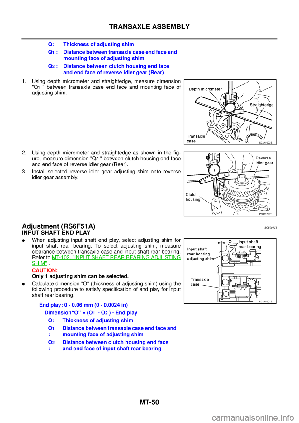 NISSAN X-TRAIL 2003 Service Repair Manual MT-50
TRANSAXLE ASSEMBLY
1. Using depth micrometer and straightedge, measure dimension
"Q
1 " between transaxle case end face and mounting face of
adjusting shim.
2. Using depth micrometer and strai NISSAN X-TRAIL 2003 Service Repair Manual MT-50
TRANSAXLE ASSEMBLY
1. Using depth micrometer and straightedge, measure dimension
"Q
1 " between transaxle case end face and mounting face of
adjusting shim.
2. Using depth micrometer and strai