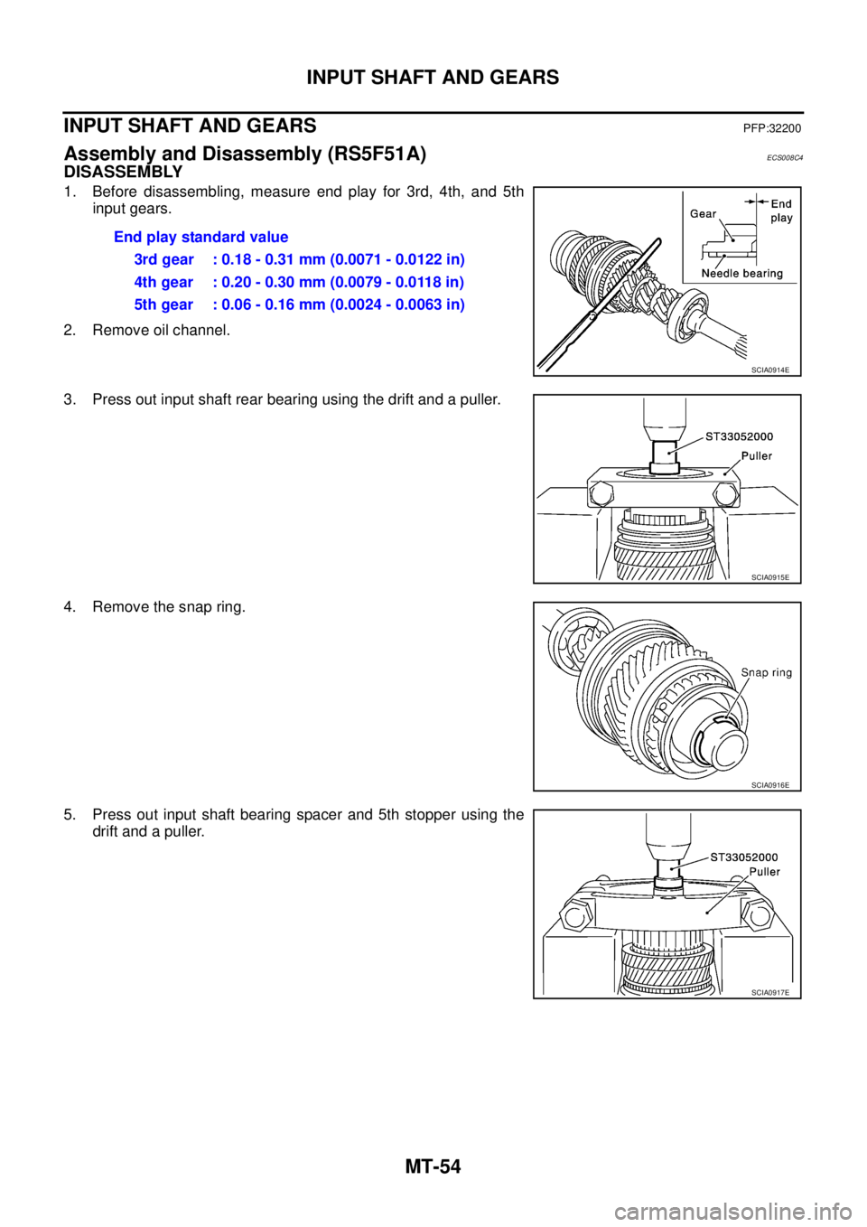 NISSAN X-TRAIL 2003  Service Repair Manual MT-54
INPUT SHAFT AND GEARS
 
INPUT SHAFT AND GEARSPFP:32200
Assembly and Disassembly (RS5F51A)ECS008C4
DISASSEMBLY
1. Before disassembling, measure end play for 3rd, 4th, and 5th
input gears.
2. Remo