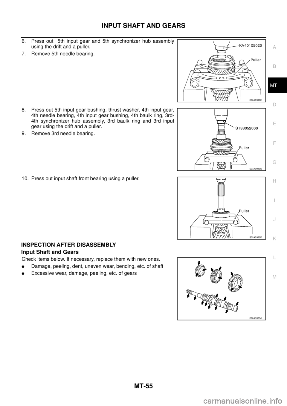 NISSAN X-TRAIL 2003  Service Repair Manual INPUT SHAFT AND GEARS
MT-55
D
E
F
G
H
I
J
K
L
MA
B
MT
 
6. Press out  5th input gear and 5th synchronizer hub assembly
using the drift and a puller.
7. Remove 5th needle bearing.
8. Press out 5th inpu
