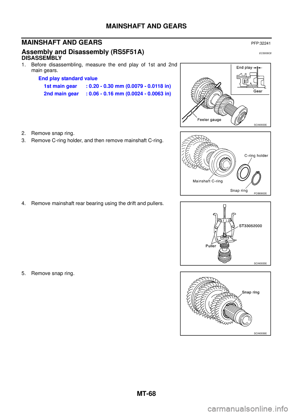 NISSAN X-TRAIL 2003  Service Repair Manual MT-68
MAINSHAFT AND GEARS
 
MAINSHAFT AND GEARSPFP:32241
Assembly and Disassembly (RS5F51A)ECS008C6
DISASSEMBLY
1. Before disassembling, measure the end play of 1st and 2nd
main gears.
2. Remove snap 