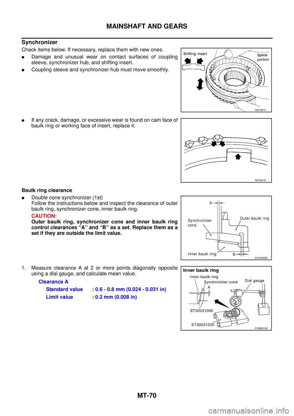 NISSAN X-TRAIL 2003  Service Repair Manual MT-70
MAINSHAFT AND GEARS
 
Synchronizer
Check items below. If necessary, replace them with new ones.
Damage and unusual wear on contact surfaces of coupling
sleeve, synchronizer hub, and shifting in