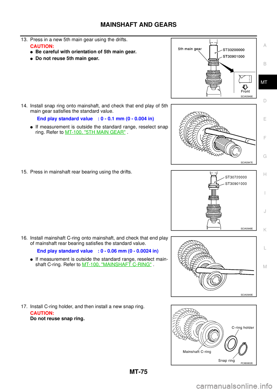 NISSAN X-TRAIL 2003  Service Repair Manual MAINSHAFT AND GEARS
MT-75
D
E
F
G
H
I
J
K
L
MA
B
MT
 
13. Press in a new 5th main gear using the drifts.
CAUTION:
Be careful with orientation of 5th main gear.
Do not reuse 5th main gear.
14. Instal