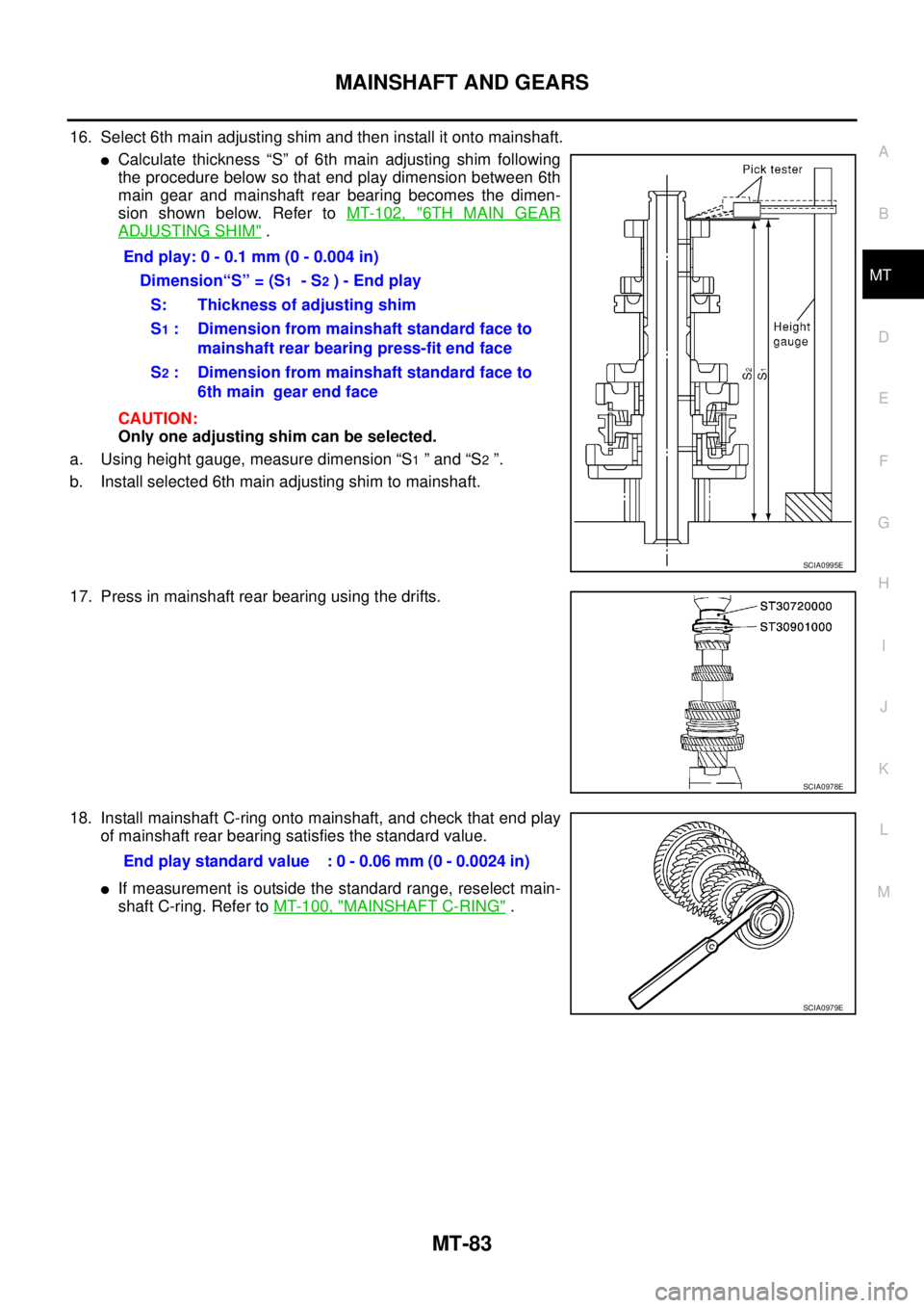 NISSAN X-TRAIL 2003 Service Repair Manual MAINSHAFT AND GEARS
MT-83
D
E
F
G
H
I
J
K
L
MA
B
MT
16. Select 6th main adjusting shim and then install it onto mainshaft.
Calculate thickness “S” of 6th main adjusting shim following
the proce NISSAN X-TRAIL 2003 Service Repair Manual MAINSHAFT AND GEARS
MT-83
D
E
F
G
H
I
J
K
L
MA
B
MT
16. Select 6th main adjusting shim and then install it onto mainshaft.
Calculate thickness “S” of 6th main adjusting shim following
the proce
