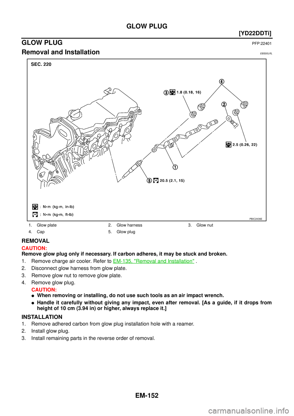 NISSAN X-TRAIL 2003  Service Repair Manual EM-152
[YD22DDTi]
GLOW PLUG
 
GLOW PLUGPFP:22401
Removal and InstallationEBS00LRL
REMOVAL
CAUTION:
Remove glow plug only if necessary. If carbon adheres, it may be stuck and broken.
1. Remove charge a