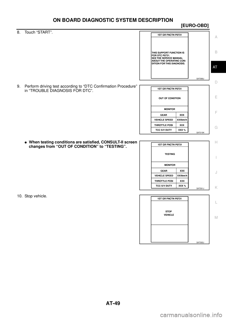 NISSAN X-TRAIL 2003  Service Repair Manual ON BOARD DIAGNOSTIC SYSTEM DESCRIPTION
AT-49
[EURO-OBD]
D
E
F
G
H
I
J
K
L
MA
B
AT
 
8. Touch “START”.
9. Perform driving test according to “DTC Confirmation Procedure”
in “TROUBLE DIAGNOSIS 