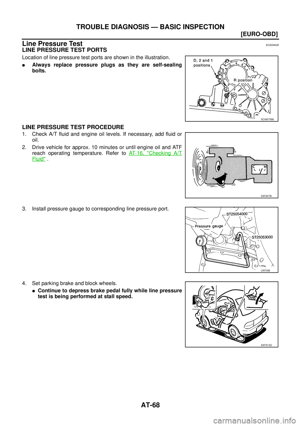 NISSAN X-TRAIL 2003  Service Repair Manual AT-68
[EURO-OBD]
TROUBLE DIAGNOSIS — BASIC INSPECTION
 
Line Pressure TestECS004QS
LINE PRESSURE TEST PORTS
Location of line pressure test ports are shown in the illustration.
Always replace pressu