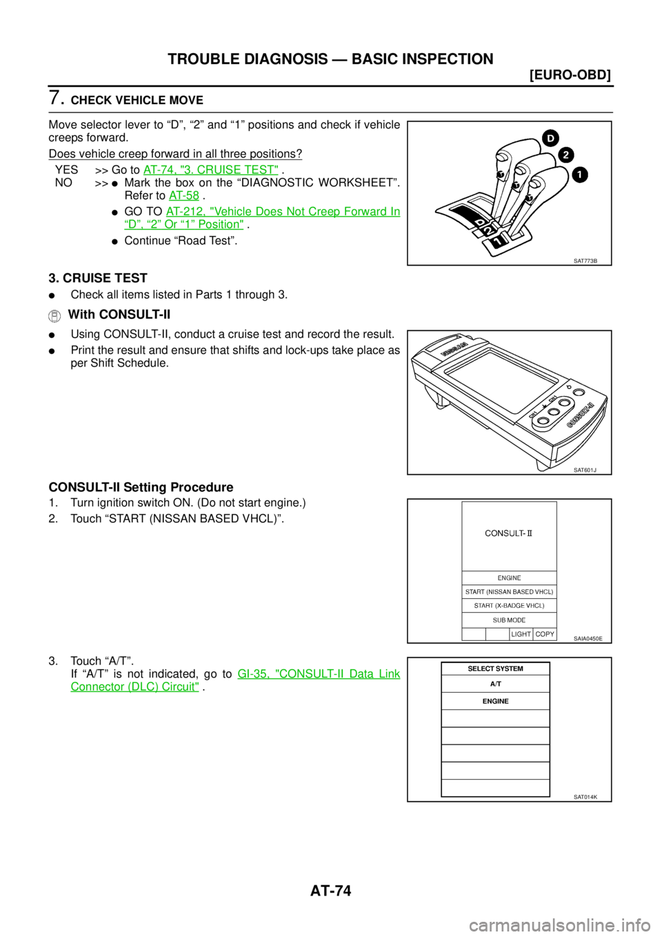 NISSAN X-TRAIL 2003  Service Repair Manual AT-74
[EURO-OBD]
TROUBLE DIAGNOSIS — BASIC INSPECTION
 
7. CHECK VEHICLE MOVE
Move selector lever to “D”, “2” and “1” positions and check if vehicle
creeps forward.
Does vehicle creep fo