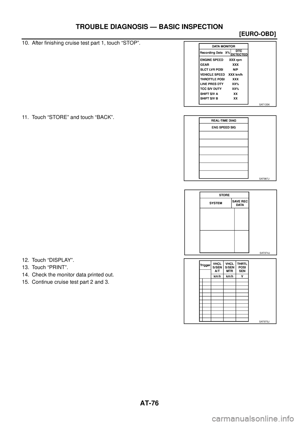 NISSAN X-TRAIL 2003  Service Repair Manual AT-76
[EURO-OBD]
TROUBLE DIAGNOSIS — BASIC INSPECTION
 
10. After finishing cruise test part 1, touch “STOP”.
11. Touch “STORE” and touch “BACK”.
12. Touch “DISPLAY”.
13. Touch “PR