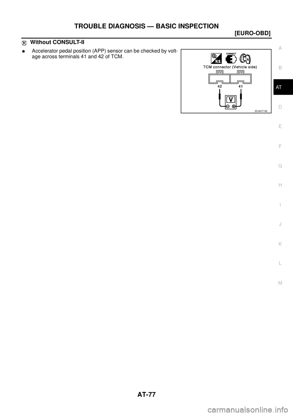 NISSAN X-TRAIL 2003  Service Repair Manual TROUBLE DIAGNOSIS — BASIC INSPECTION
AT-77
[EURO-OBD]
D
E
F
G
H
I
J
K
L
MA
B
AT
 
 Without CONSULT-II
Accelerator pedal position (APP) sensor can be checked by volt-
age across terminals 41 and 42 