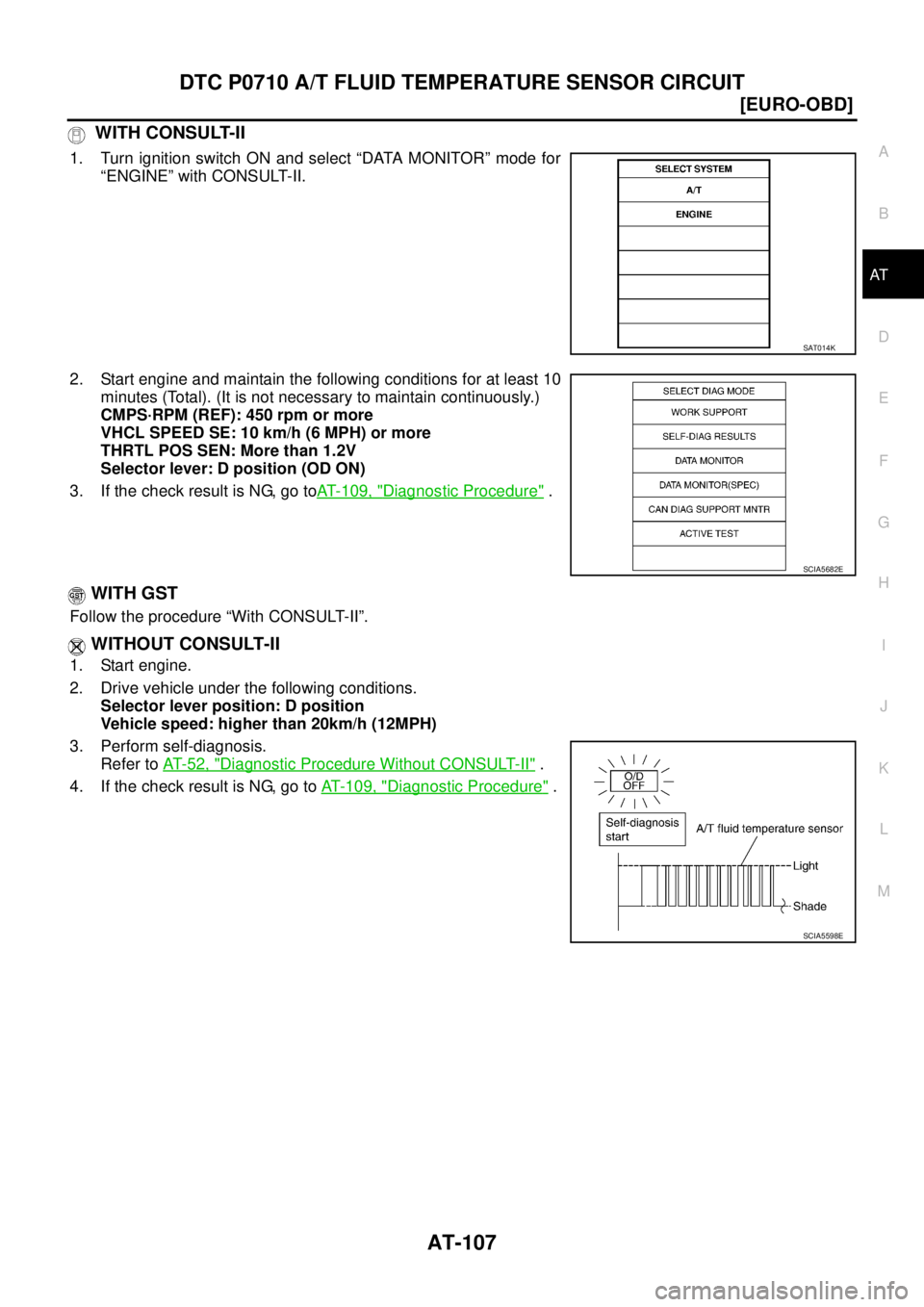 NISSAN X-TRAIL 2003  Service Repair Manual DTC P0710 A/T FLUID TEMPERATURE SENSOR CIRCUIT
AT-107
[EURO-OBD]
D
E
F
G
H
I
J
K
L
MA
B
AT
 
 WITH CONSULT-II
1. Turn ignition switch ON and select “DATA MONITOR” mode for
“ENGINE” with CONSUL