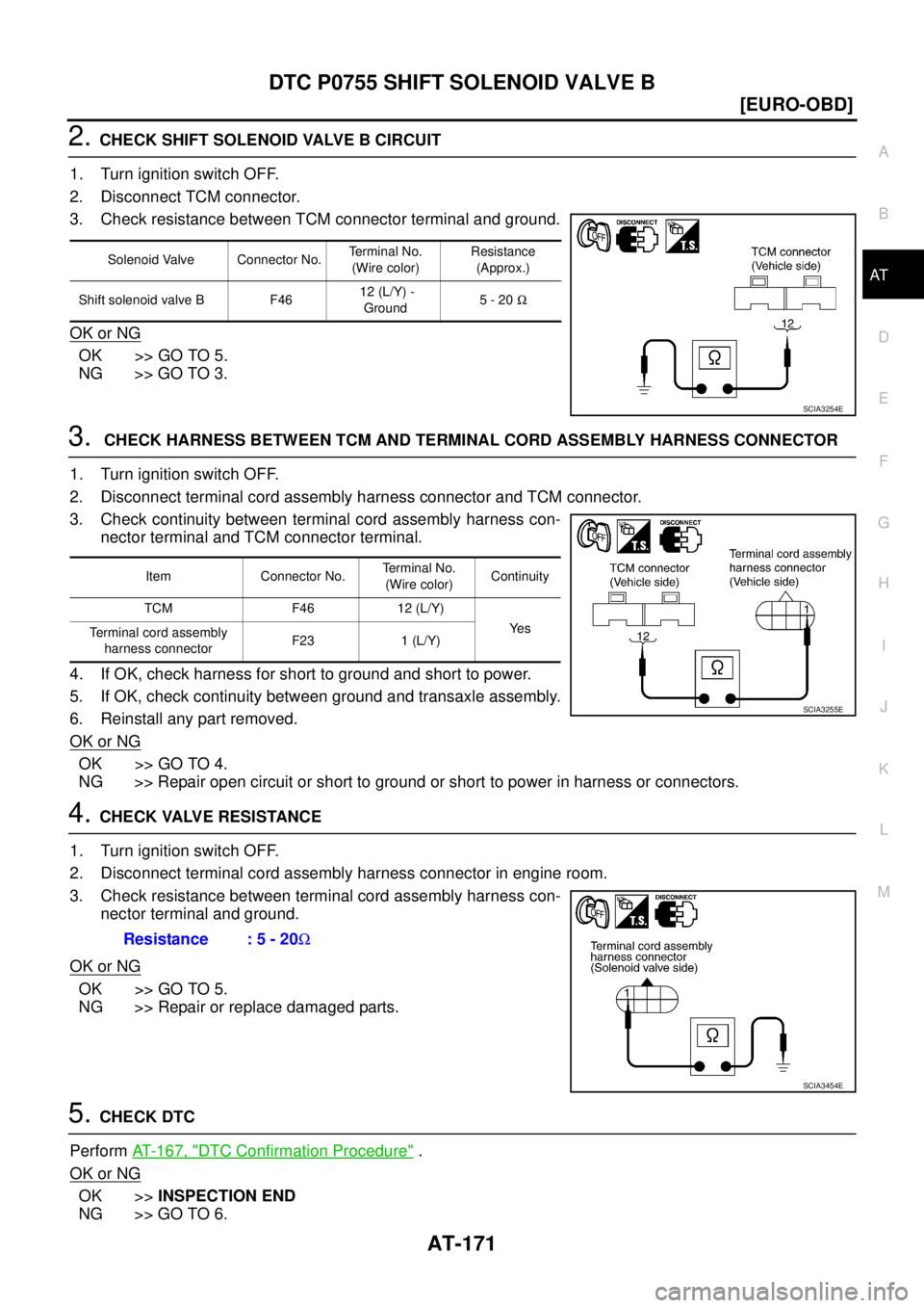 NISSAN X-TRAIL 2003  Service Repair Manual DTC P0755 SHIFT SOLENOID VALVE B
AT-171
[EURO-OBD]
D
E
F
G
H
I
J
K
L
MA
B
AT
 
2. CHECK SHIFT SOLENOID VALVE B CIRCUIT
1. Turn ignition switch OFF.
2. Disconnect TCM connector.
3. Check resistance bet