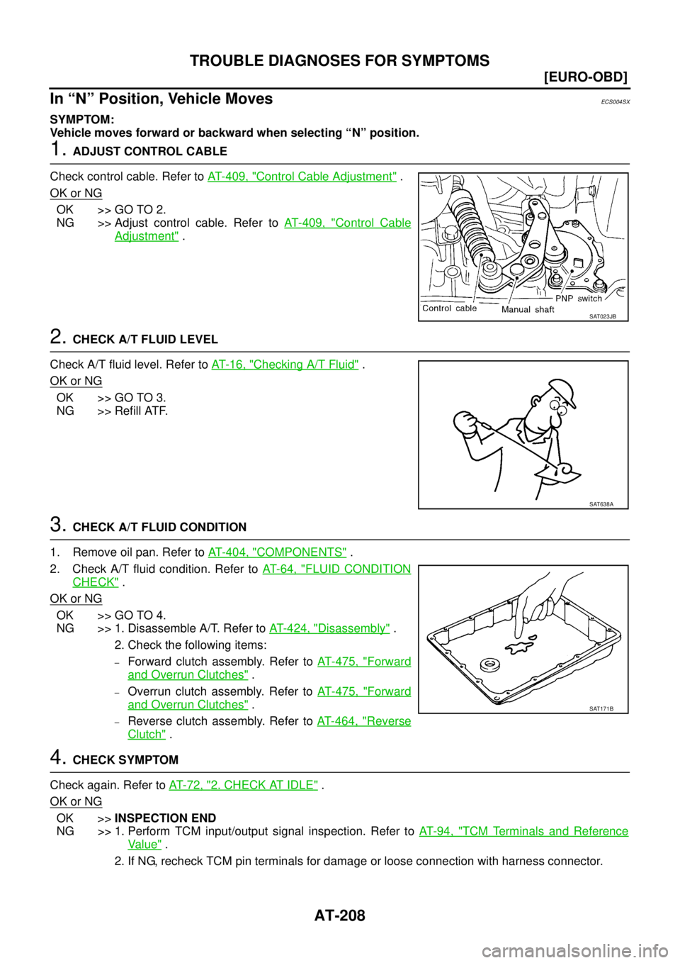 NISSAN X-TRAIL 2003  Service Repair Manual AT-208
[EURO-OBD]
TROUBLE DIAGNOSES FOR SYMPTOMS
 
In “N” Position, Vehicle MovesECS004SX
SYMPTOM:
Vehicle moves forward or backward when selecting “N” position.
1. ADJUST CONTROL CABLE
Check 