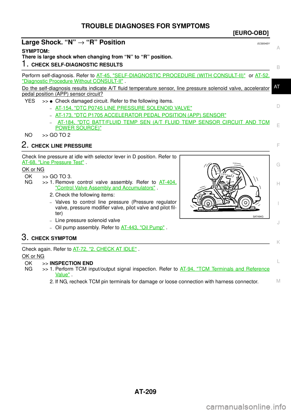 NISSAN X-TRAIL 2003  Service Repair Manual TROUBLE DIAGNOSES FOR SYMPTOMS
AT-209
[EURO-OBD]
D
E
F
G
H
I
J
K
L
MA
B
AT
 
Large Shock. “N” → “R” PositionECS004SY
SYMPTOM:
There is large shock when changing from “N” to “R” posit