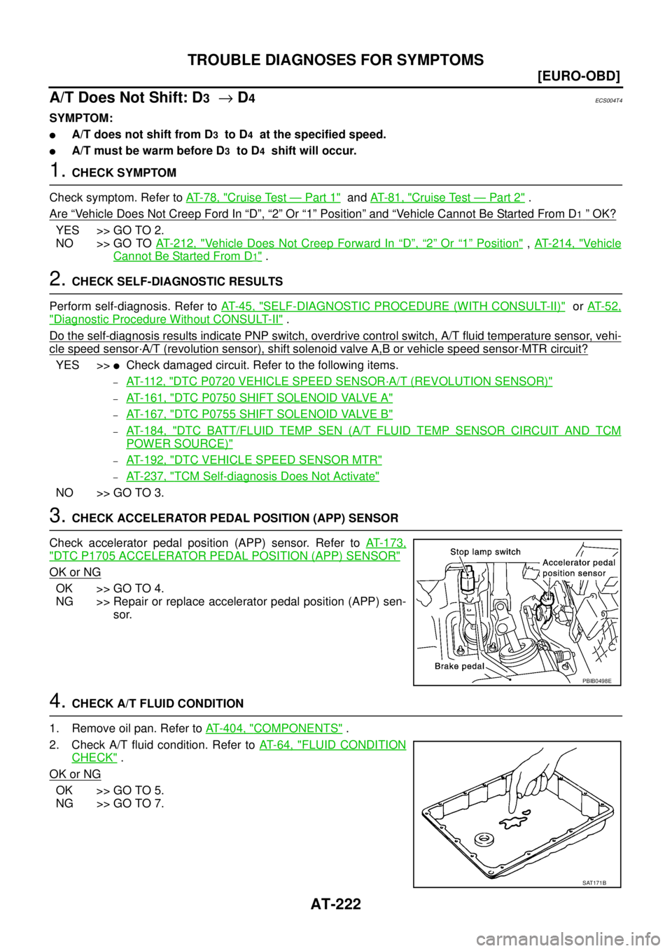 NISSAN X-TRAIL 2003  Service Repair Manual AT-222
[EURO-OBD]
TROUBLE DIAGNOSES FOR SYMPTOMS
 
A/T Does Not Shift: D3  → D4ECS004T4
SYMPTOM:
A/T does not shift from D3  to D4  at the specified speed.
A/T must be warm before D3  to D4  shift