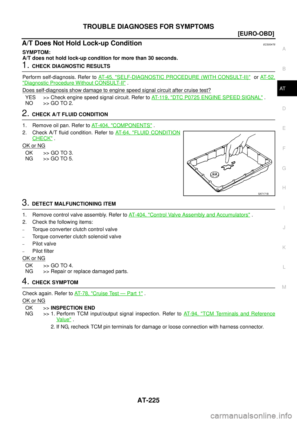 NISSAN X-TRAIL 2003  Service Repair Manual TROUBLE DIAGNOSES FOR SYMPTOMS
AT-225
[EURO-OBD]
D
E
F
G
H
I
J
K
L
MA
B
AT
 
A/T Does Not Hold Lock-up ConditionECS004T6
SYMPTOM:
A/T does not hold lock-up condition for more than 30 seconds.
1. CHECK