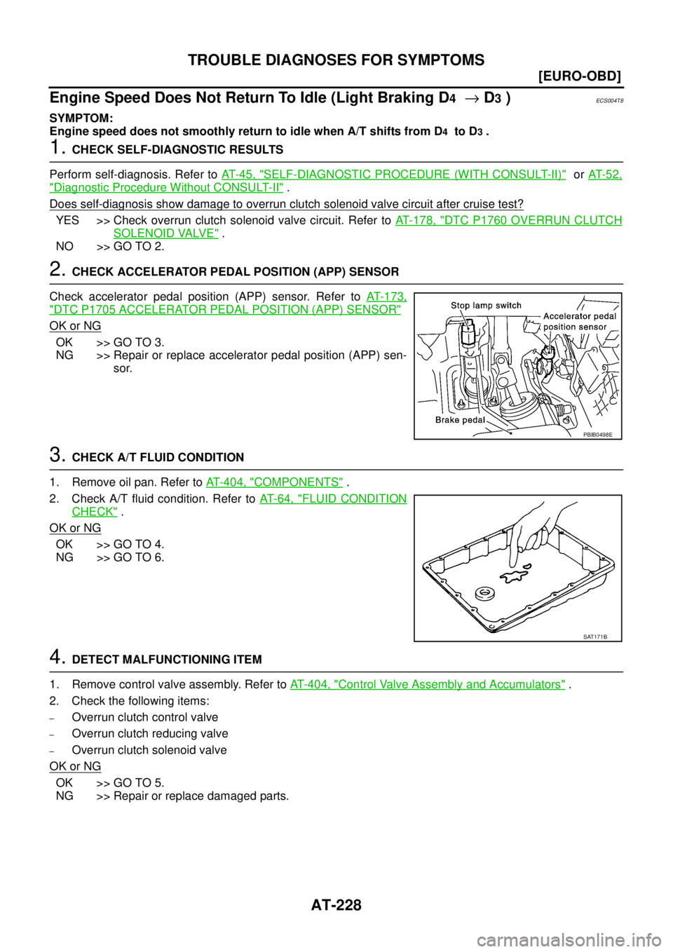NISSAN X-TRAIL 2003  Service Repair Manual AT-228
[EURO-OBD]
TROUBLE DIAGNOSES FOR SYMPTOMS
 
Engine Speed Does Not Return To Idle (Light Braking D4  → D3 )ECS004T8
SYMPTOM:
Engine speed does not smoothly return to idle when A/T shifts from 