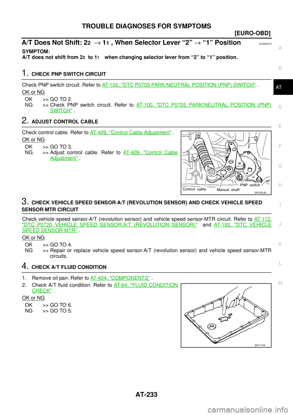 NISSAN X-TRAIL 2003  Service Repair Manual TROUBLE DIAGNOSES FOR SYMPTOMS
AT-233
[EURO-OBD]
D
E
F
G
H
I
J
K
L
MA
B
AT
 
A/T Does Not Shift: 22  → 11 , When Selector Lever “2” → “1” PositionECS004TC
SYMPTOM:
A/T does not shift from 