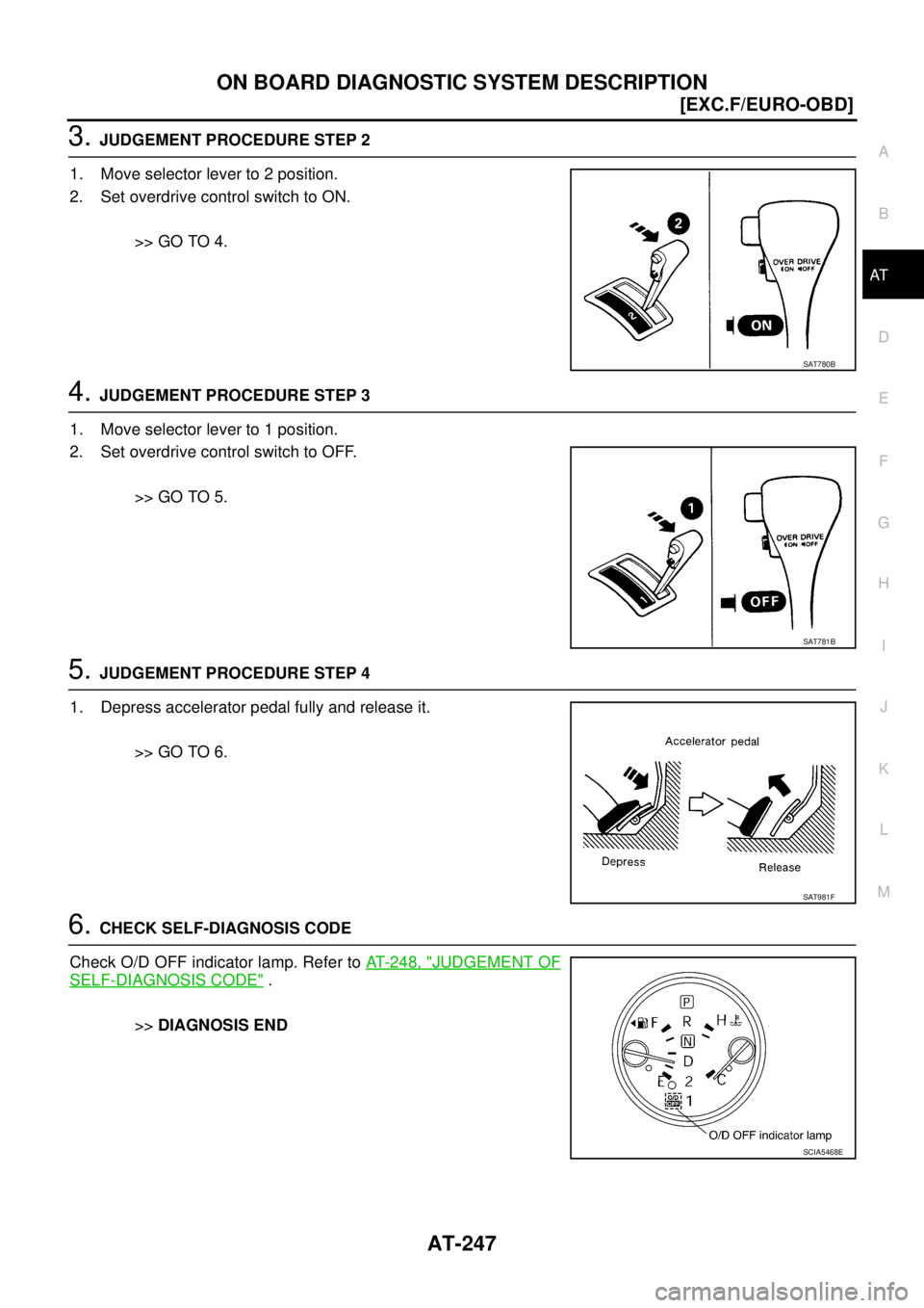 NISSAN X-TRAIL 2003  Service Repair Manual ON BOARD DIAGNOSTIC SYSTEM DESCRIPTION
AT-247
[EXC.F/EURO-OBD]
D
E
F
G
H
I
J
K
L
MA
B
AT
 
3. JUDGEMENT PROCEDURE STEP 2
1. Move selector lever to 2 position.
2. Set overdrive control switch to ON.
>>