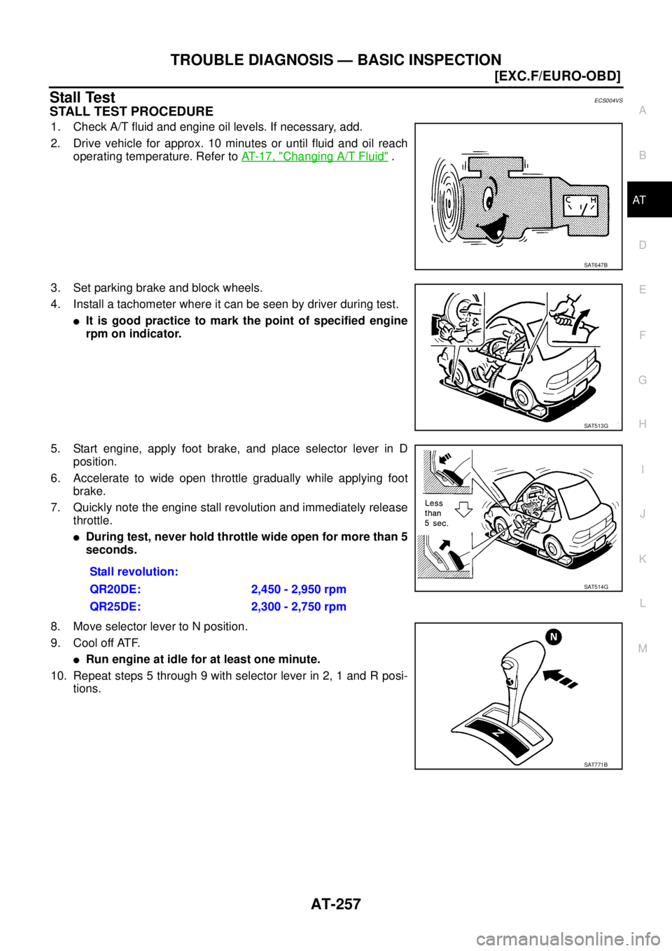 NISSAN X-TRAIL 2003  Service Repair Manual TROUBLE DIAGNOSIS — BASIC INSPECTION
AT-257
[EXC.F/EURO-OBD]
D
E
F
G
H
I
J
K
L
MA
B
AT
 
Stall TestECS004VS
STALL TEST PROCEDURE
1. Check A/T fluid and engine oil levels. If necessary, add.
2. Drive
