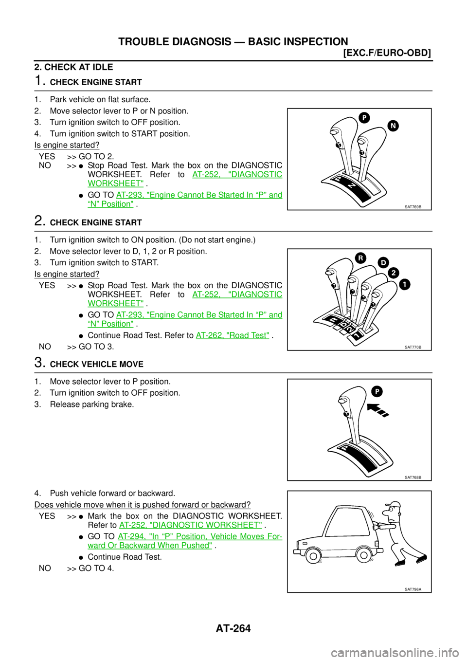 NISSAN X-TRAIL 2003  Service Repair Manual AT-264
[EXC.F/EURO-OBD]
TROUBLE DIAGNOSIS — BASIC INSPECTION
 
2. CHECK AT IDLE
1. CHECK ENGINE START
1. Park vehicle on flat surface.
2. Move selector lever to P or N position.
3. Turn ignition swi