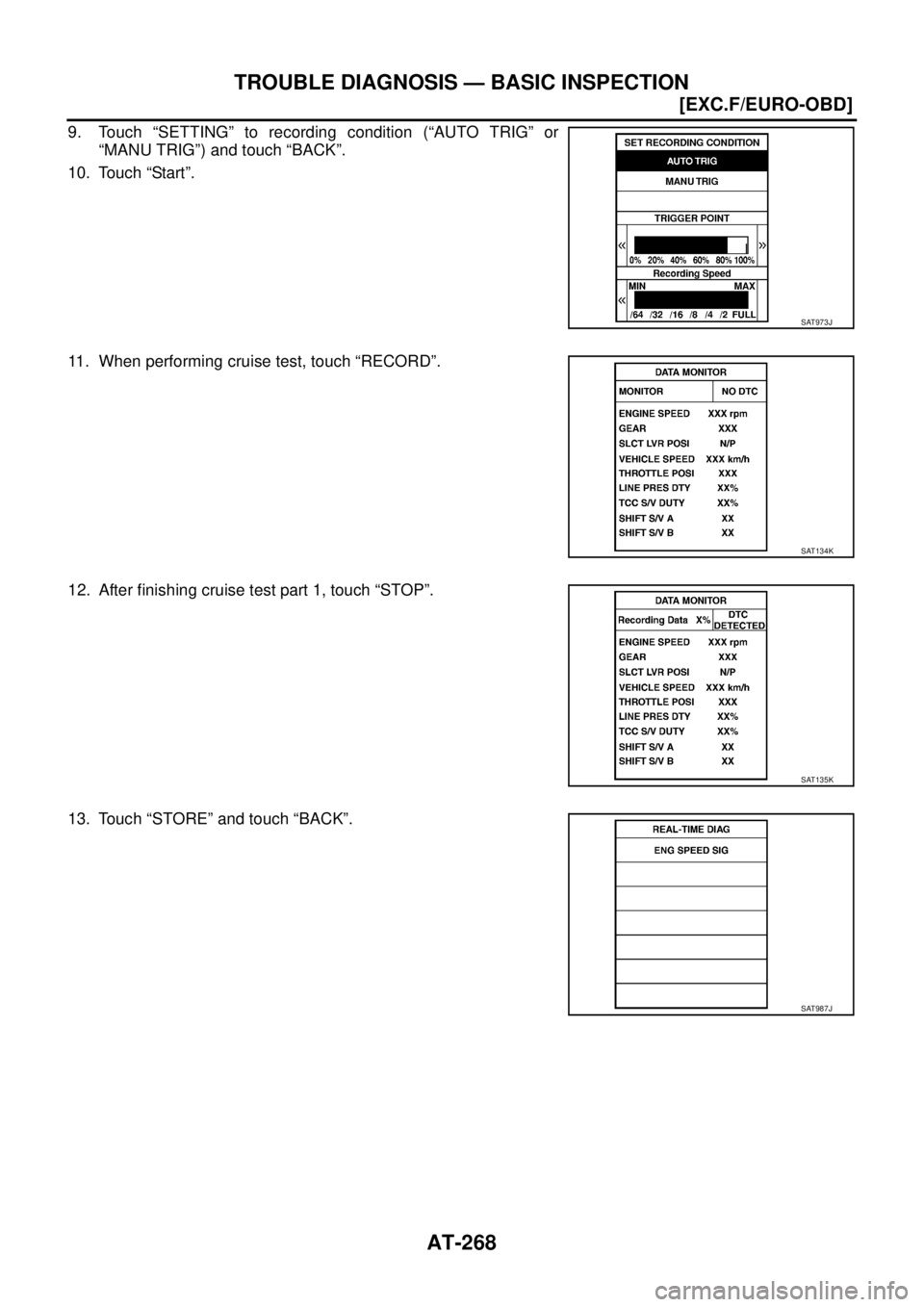NISSAN X-TRAIL 2003  Service Repair Manual AT-268
[EXC.F/EURO-OBD]
TROUBLE DIAGNOSIS — BASIC INSPECTION
 
9. Touch “SETTING” to recording condition (“AUTO TRIG” or
“MANU TRIG”) and touch “BACK”.
10. Touch “Start”.
11. Whe