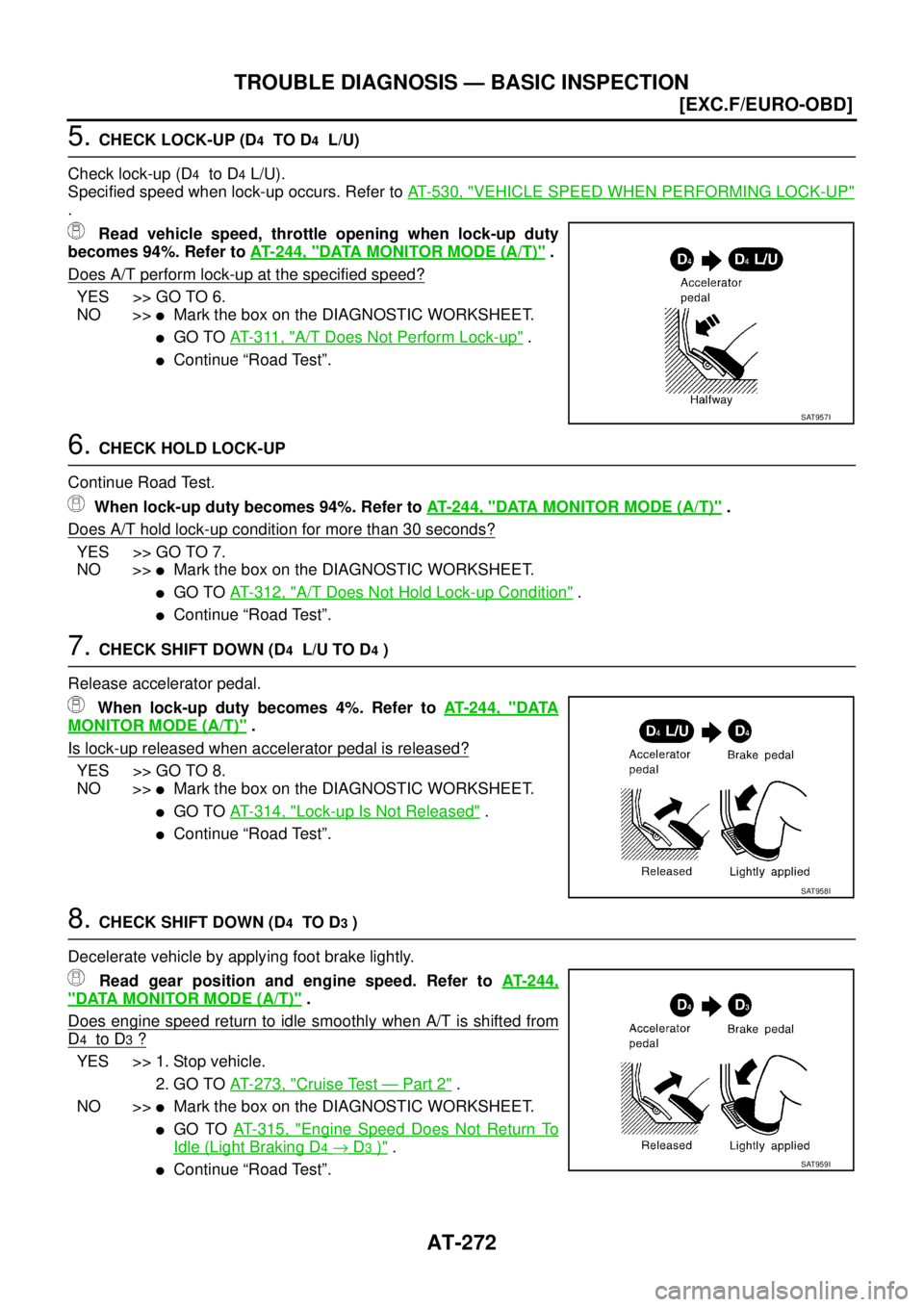 NISSAN X-TRAIL 2003  Service Repair Manual AT-272
[EXC.F/EURO-OBD]
TROUBLE DIAGNOSIS — BASIC INSPECTION
 
5. CHECK LOCK-UP (D4  TO D4  L/U)
Check lock-up (D
4  to D4 L/U).
Specified speed when lock-up occurs. Refer to AT- 5 3 0 ,  "
VEHICLE 