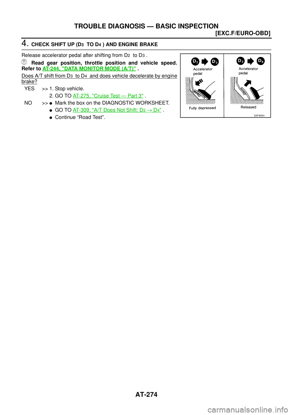 NISSAN X-TRAIL 2003  Service Repair Manual AT-274
[EXC.F/EURO-OBD]
TROUBLE DIAGNOSIS — BASIC INSPECTION
 
4. CHECK SHIFT UP (D3  TO D4 ) AND ENGINE BRAKE
Release accelerator pedal after shifting from D
2  to D3 .
 Read gear position, throttl
