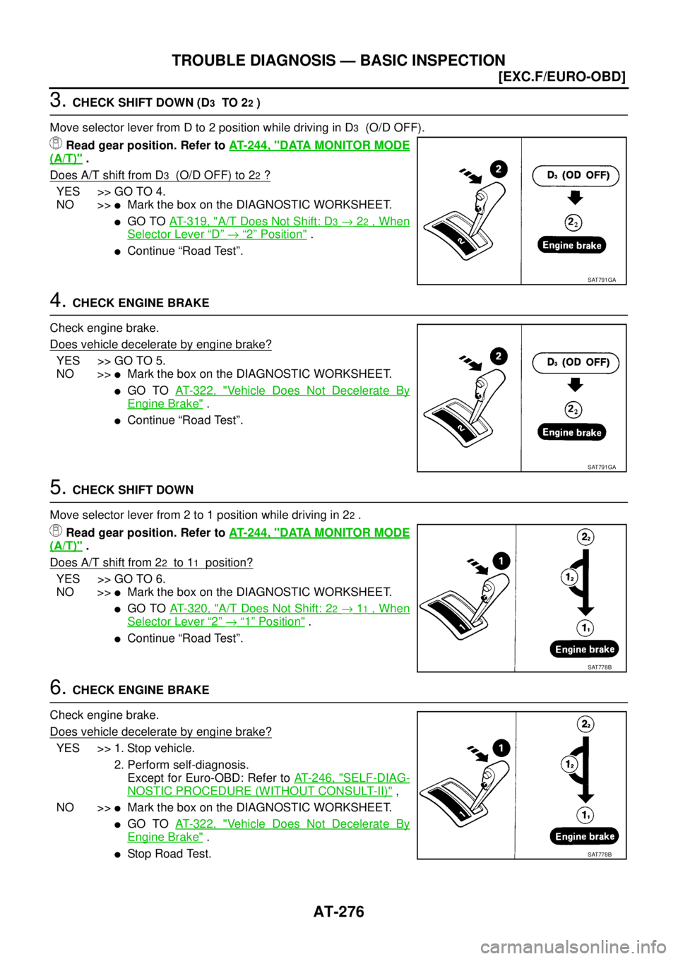 NISSAN X-TRAIL 2003  Service Repair Manual AT-276
[EXC.F/EURO-OBD]
TROUBLE DIAGNOSIS — BASIC INSPECTION
 
3. CHECK SHIFT DOWN (D3  TO 22 )
Move selector lever from D to 2 position while driving in D
3  (O/D OFF).
Read gear position. Refer to