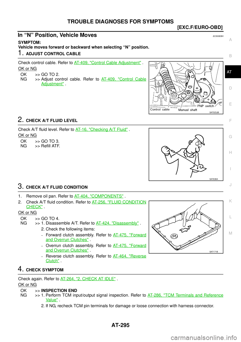 NISSAN X-TRAIL 2003  Service Repair Manual TROUBLE DIAGNOSES FOR SYMPTOMS
AT-295
[EXC.F/EURO-OBD]
D
E
F
G
H
I
J
K
L
MA
B
AT
 
In “N” Position, Vehicle MovesECS00EBH
SYMPTOM:
Vehicle moves forward or backward when selecting “N” position