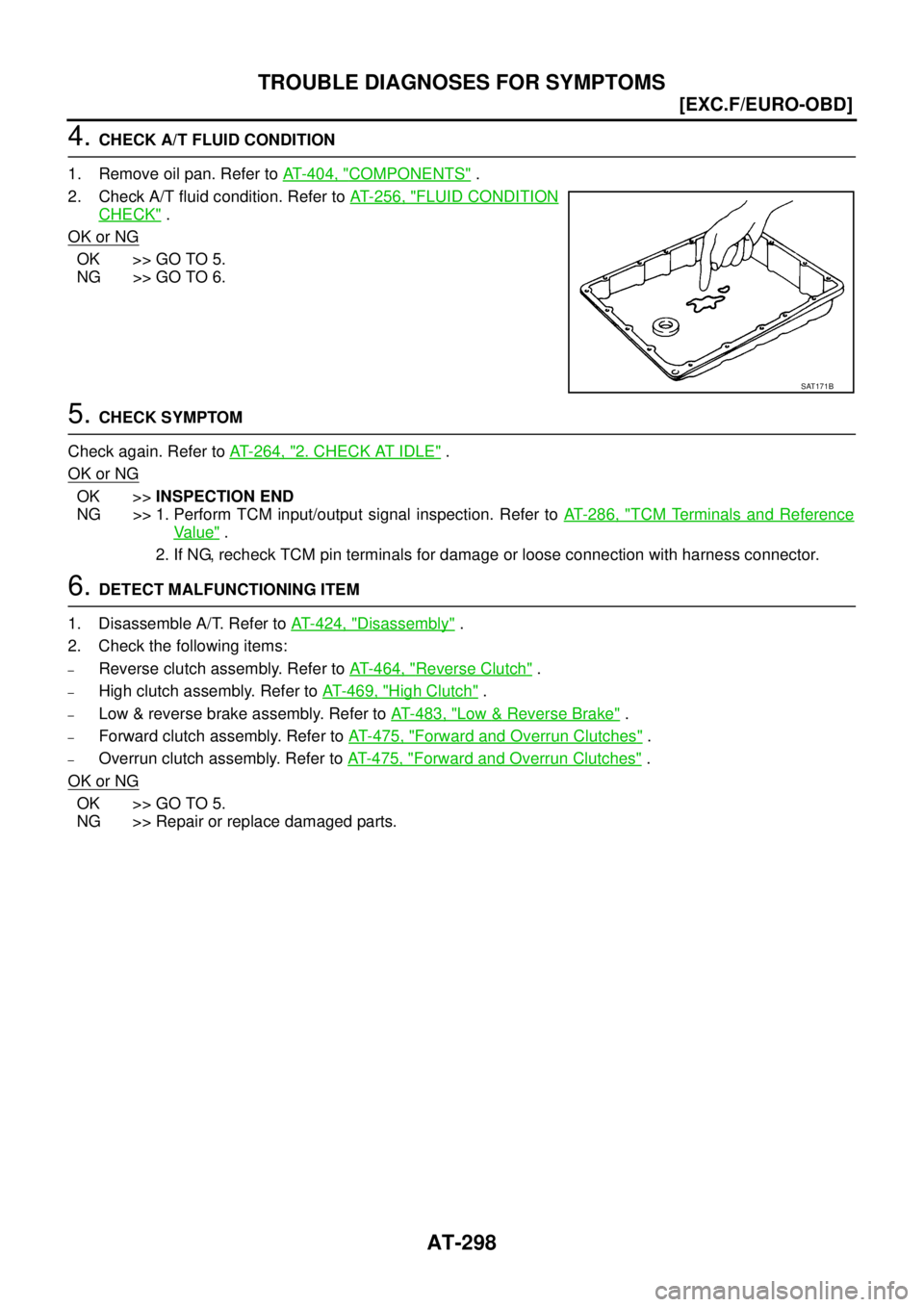 NISSAN X-TRAIL 2003  Service Repair Manual AT-298
[EXC.F/EURO-OBD]
TROUBLE DIAGNOSES FOR SYMPTOMS
 
4. CHECK A/T FLUID CONDITION
1. Remove oil pan. Refer to AT- 4 0 4 ,  "
COMPONENTS" .
2. Check A/T fluid condition. Refer to AT- 2 5 6 ,  "
FLU