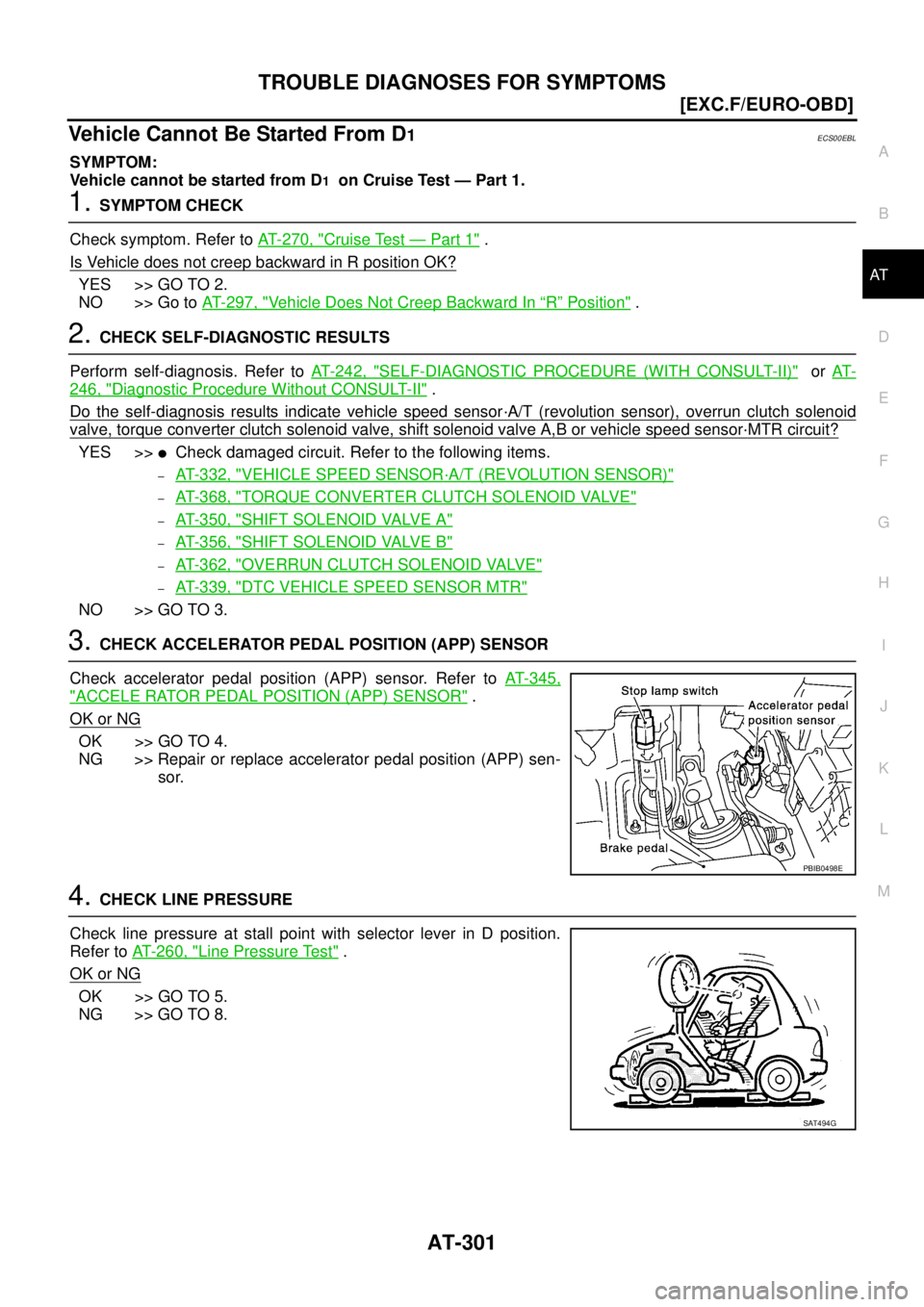 NISSAN X-TRAIL 2003  Service Repair Manual TROUBLE DIAGNOSES FOR SYMPTOMS
AT-301
[EXC.F/EURO-OBD]
D
E
F
G
H
I
J
K
L
MA
B
AT
 
Vehicle Cannot Be Started From D1ECS00EBL
SYMPTOM:
Vehicle cannot be started from D
1  on Cruise Test — Part 1.
1. 