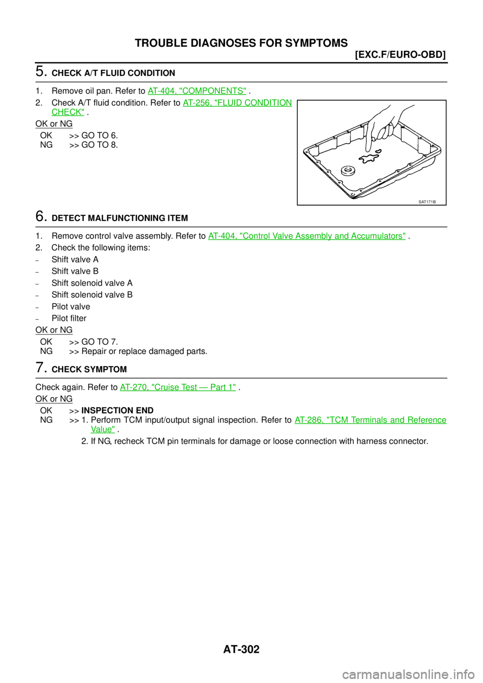 NISSAN X-TRAIL 2003  Service Repair Manual AT-302
[EXC.F/EURO-OBD]
TROUBLE DIAGNOSES FOR SYMPTOMS
 
5. CHECK A/T FLUID CONDITION
1. Remove oil pan. Refer to AT- 4 0 4 ,  "
COMPONENTS" .
2. Check A/T fluid condition. Refer to AT- 2 5 6 ,  "
FLU