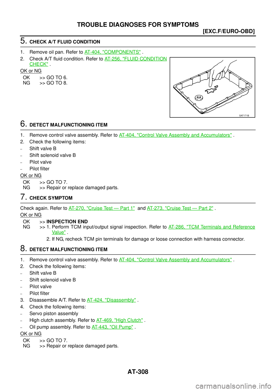 NISSAN X-TRAIL 2003  Service Repair Manual AT-308
[EXC.F/EURO-OBD]
TROUBLE DIAGNOSES FOR SYMPTOMS
 
5. CHECK A/T FLUID CONDITION
1. Remove oil pan. Refer to AT- 4 0 4 ,  "
COMPONENTS" .
2. Check A/T fluid condition. Refer to AT- 2 5 6 ,  "
FLU