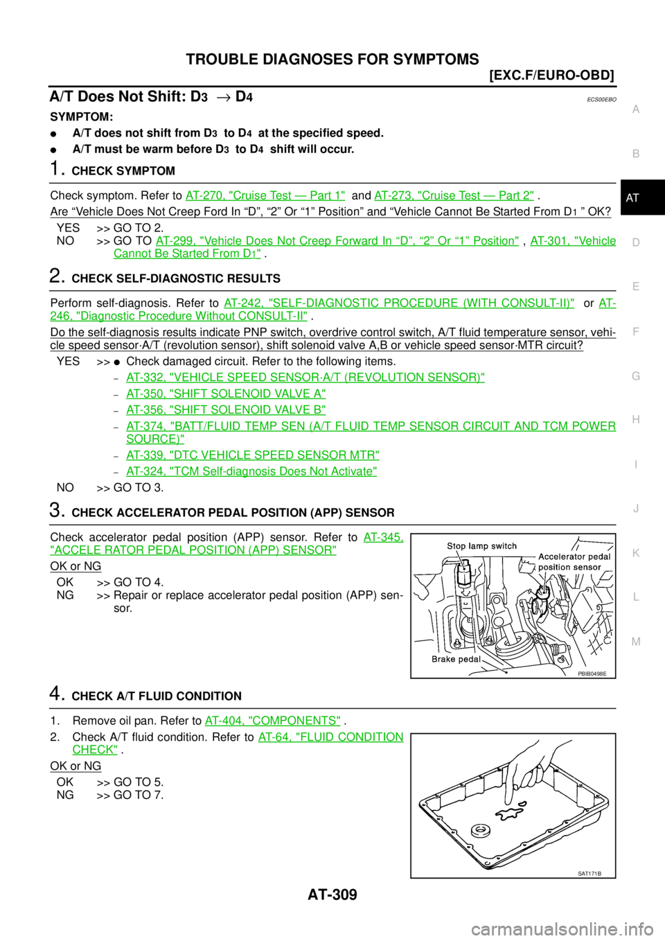 NISSAN X-TRAIL 2003  Service Repair Manual TROUBLE DIAGNOSES FOR SYMPTOMS
AT-309
[EXC.F/EURO-OBD]
D
E
F
G
H
I
J
K
L
MA
B
AT
 
A/T Does Not Shift: D3  → D4ECS00EBO
SYMPTOM:
A/T does not shift from D3  to D4  at the specified speed.
A/T must